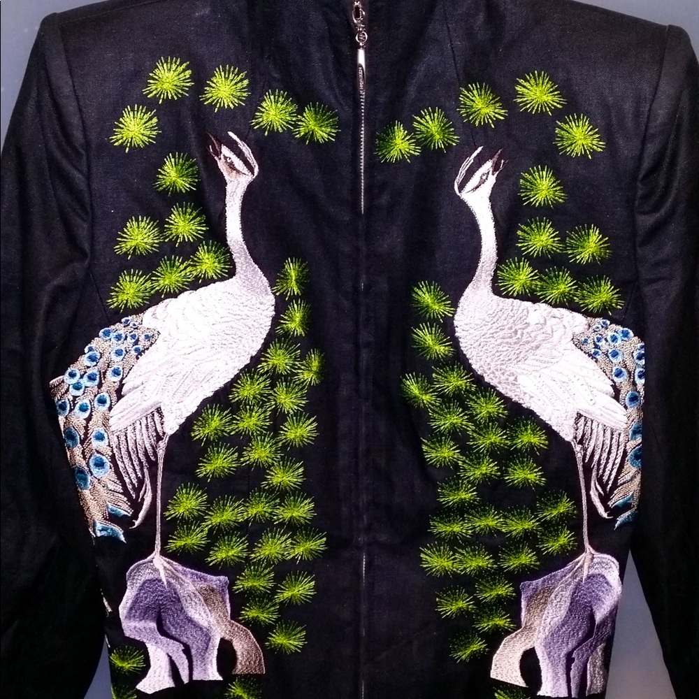 Lot 75: An Alexander McQueen Charcoal Linen Peacock Jacket, Size 44. Vintage